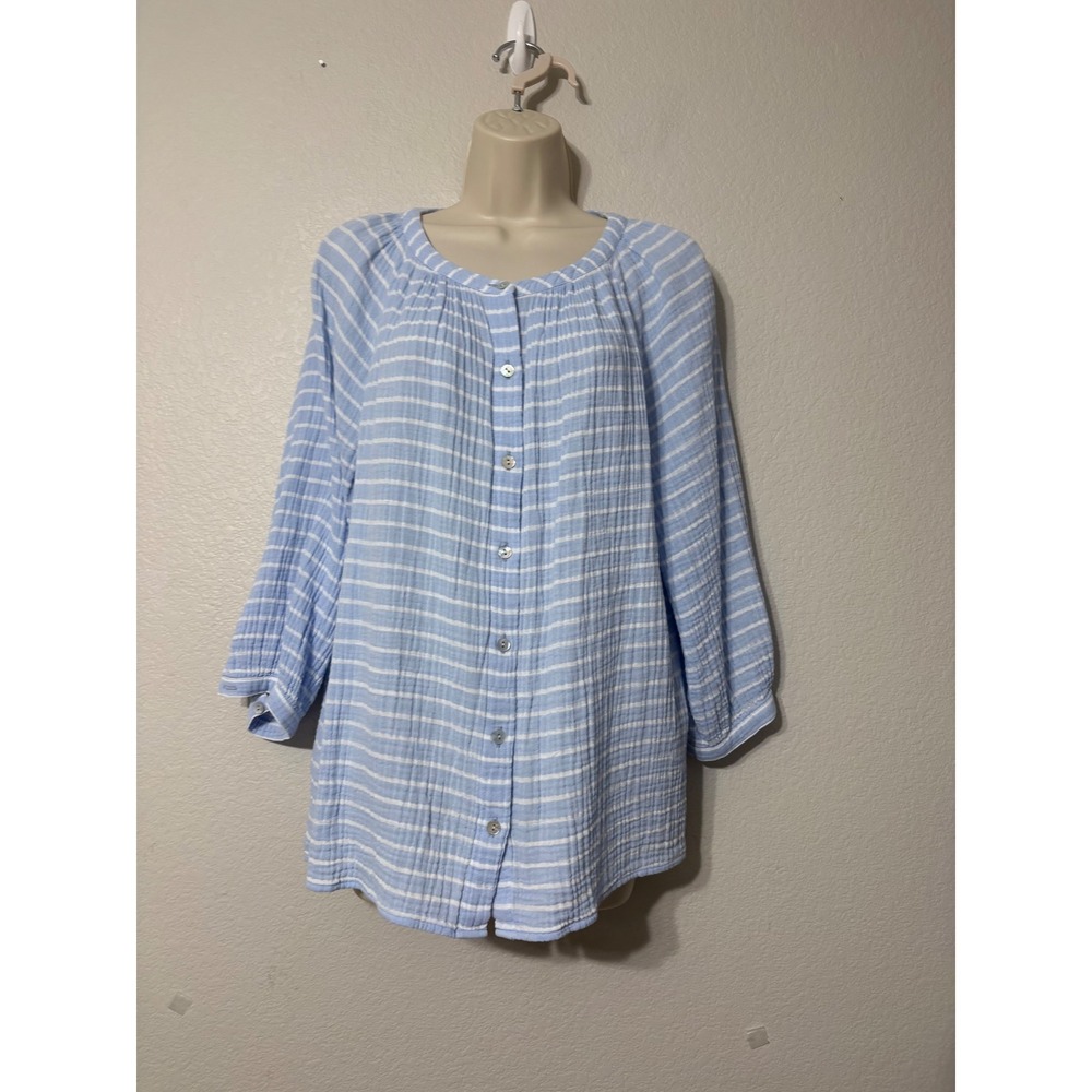 J. Jill Blue White Striped Cotton Gauze Button Down Tunic Top Coastal Medium